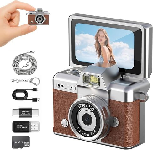 Mini Keychain Camera with Flip Screen Series,1080P HD Multiple Shooting Recording Modes, Portable Digital Camera with 16GB SD Card for Travel, Party. Ideal Pendant Gift in Kuwait