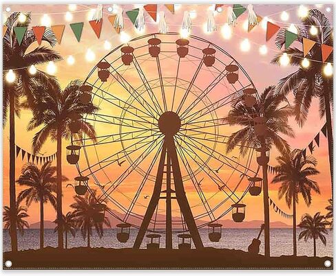 Fabric 7x5ft Summer Seaside Ferris Wheel Photography Backdrop Sunset Palm Tree Beach Hawaiian Background Indoor Festival Party Decoration Holiday Photo Banner Booth in Kuwait
