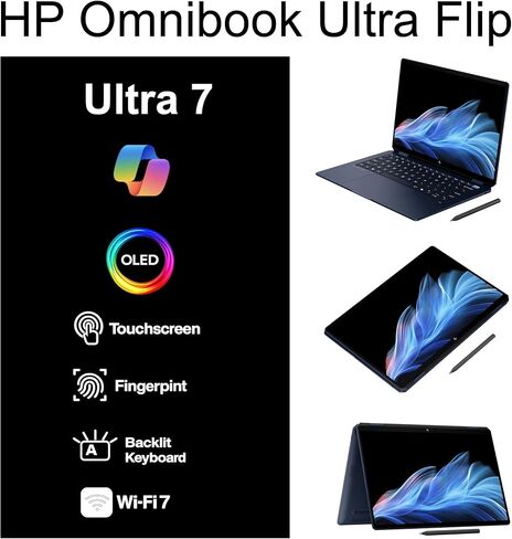 HP Omnibook Ultra Flip Creator 2-in-1 Laptop 14.0" Touchscreen OLED 2.8K Display (Intel Ultra 7-258V, 32GB LPDDR5X, 1TB PCIe SSD, Active Pen, Backlit KB, Fingerprint, Win 11 Pro) w/USB-C Dock in Kuwait