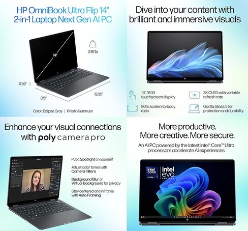 HP Omnibook Ultra Flip Creator 2-in-1 Laptop 14.0" Touchscreen OLED 2.8K Display (Intel Ultra 7-258V, 32GB LPDDR5X, 1TB PCIe SSD, Active Pen, Backlit KB, Fingerprint, Win 11 Pro) w/USB-C Dock in Kuwait