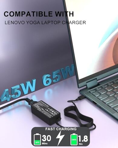 شاحن USB C بقدرة 65 واط متوافق مع Lenovo Yoga 7 7i 7x Pro 7 9 9i Aura Edition 2 في 1 14 15 16 بوصة متوافق مع Lenovo Ideapad Slim 3 5 الكمبيوتر المحمول Intel AMD Snapdragon Models Type C محول الطاقة in Kuwait