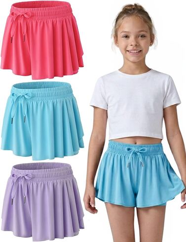 3 Pack Girls Flowy Shorts with Spandex Liner 2-in-1 Youth Butterfly Skirts for Fitness, Running, Sports in Saudi Arabia