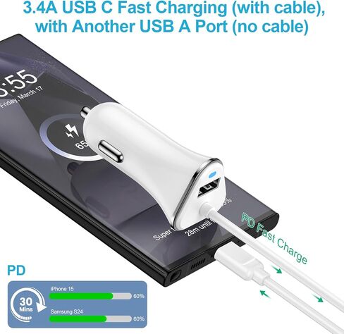 Pixel 10a 10 Pro XL Car Charger for Google Pixel 10, 10 Pro, 10 Pro Fold, 3.4A Fast Car Charger Adapter with USB C 3FT Cable for 9, 9 Pro XL Fold, 8 7 6 Pro 5 4 3 2 XL 9a 8a 7a 6a 5a 4a 3a in Kuwait
