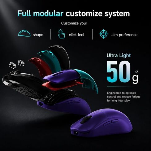 ماوس الألعاب اللاسلكي PWNAGE Ultra Custom Pro Symm 3 - موضع مستشعر قابل للتعديل، مفاتيح ميكانيكية وبصرية قابلة للتبديل السريع، نظام شكل معياري، استطلاع 8K، خفيف الوزن 50 جرام - أرجواني نيومي in Kuwait