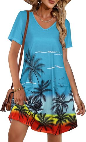 CHICGAL Summer Dresses for Women V Neck Short Sleeve Casual Loose T Shirt Sundress Beach Cover Ups with Pockets in Saudi Arabia