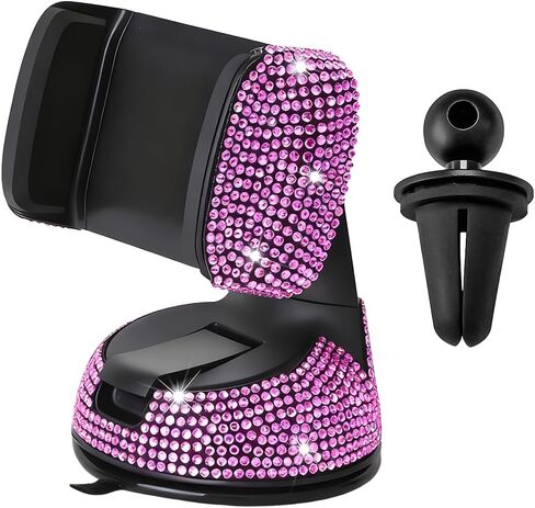 Bling Car Phone Holder, Rhinestone Vehicle Windshield Dashboard Cellphones Mount with Clamp, 360°Adjustable Diamond Automotive Air Vent Smartphones Stand, Universal Fit (Pink) in Saudi Arabia