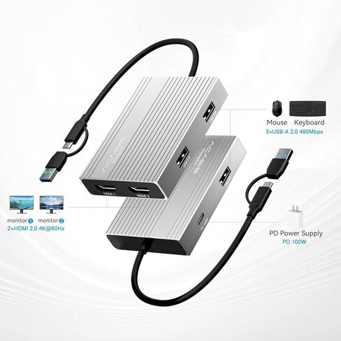 محول ACASIS USB C إلى HDMI DisplayLink مزدوج، 4K@60 هرتز، 2 منافذ HDMI و3 منافذ USB-A، شحن 100 وات PD، محطة إرساء USB C DisplayLink لأجهزة Mac M1/M2/M3/Windows، محول USB A/C إلى شاشة مزدوجة، فضي in Kuwait