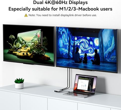 محول ACASIS USB C إلى HDMI DisplayLink مزدوج، 4K@60 هرتز، 2 منافذ HDMI و3 منافذ USB-A، شحن 100 وات PD، محطة إرساء USB C DisplayLink لأجهزة Mac M1/M2/M3/Windows، محول USB A/C إلى شاشة مزدوجة، فضي in Kuwait
