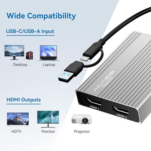 محول ACASIS USB C إلى HDMI DisplayLink مزدوج، 4K@60 هرتز، 2 منافذ HDMI و3 منافذ USB-A، شحن 100 وات PD، محطة إرساء USB C DisplayLink لأجهزة Mac M1/M2/M3/Windows، محول USB A/C إلى شاشة مزدوجة، فضي in Kuwait