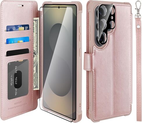 حافظة محفظة VANAVAGY لهاتف Galaxy S25 Ultra مع حامل بطاقة RFID، غطاء هاتف مغناطيسي من الجلد القابل للطي مع حزام معصم لحقيبة الشحن اللاسلكي لهاتف S25ultra 6.9 بوصة، ذهبي وردي in Kuwait
