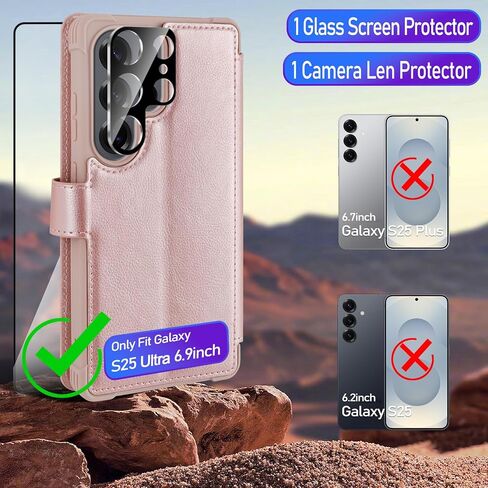 حافظة محفظة VANAVAGY لهاتف Galaxy S25 Ultra مع حامل بطاقة RFID، غطاء هاتف مغناطيسي من الجلد القابل للطي مع حزام معصم لحقيبة الشحن اللاسلكي لهاتف S25ultra 6.9 بوصة، ذهبي وردي in Kuwait