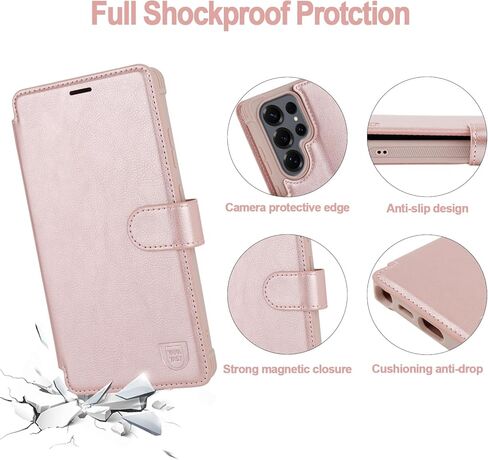 حافظة محفظة VANAVAGY لهاتف Galaxy S25 Ultra مع حامل بطاقة RFID، غطاء هاتف مغناطيسي من الجلد القابل للطي مع حزام معصم لحقيبة الشحن اللاسلكي لهاتف S25ultra 6.9 بوصة، ذهبي وردي in Kuwait