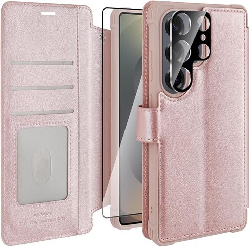 حافظة محفظة VANAVAGY لهاتف Galaxy S25 Ultra مع حامل بطاقة RFID، غطاء هاتف مغناطيسي من الجلد القابل للطي مع حزام معصم لحقيبة الشحن اللاسلكي لهاتف S25ultra 6.9 بوصة، ذهبي وردي in Kuwait