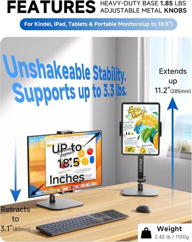 Portable Monitor Stand, Large Clamp - Heavy Duty Aluminum Desktop, Knob-Locking Adjustable Arm Mount for 7.9-18.5" Portable Monitors & Tablets, Max Load 3.3 lbs (Black) in Kuwait