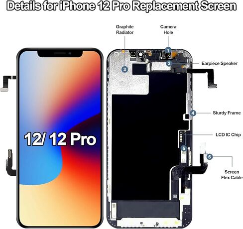 استبدال شاشة iPhone 12/12 Pro مع سماعة الأذن وكابل مرن ثلاثي الأبعاد يعمل باللمس محول رقمي شاشة LCD تعرض مجموعة كاملة من مستشعر القرب ومجموعة أدوات الإصلاح A2172 A2402 A2403 A2404 6.1 بوصة in Kuwait