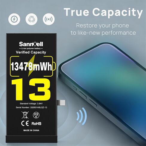 SannXell Upgraded High Capacity Battery for iPhone 13 Replacement, 13478mWh 0 Cycle A2482 A2631 A2633 A2634 A2635 Model, Ultra Long Lasting Li-ion Battery with Full Repair Tool Kit in Kuwait