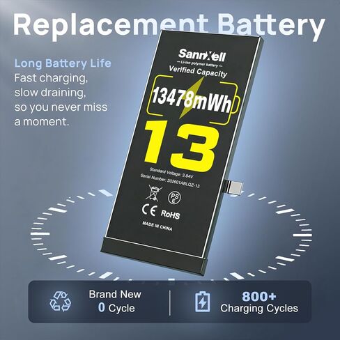 SannXell Upgraded High Capacity Battery for iPhone 13 Replacement, 13478mWh 0 Cycle A2482 A2631 A2633 A2634 A2635 Model, Ultra Long Lasting Li-ion Battery with Full Repair Tool Kit in Kuwait