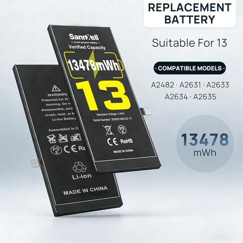 SannXell Upgraded High Capacity Battery for iPhone 13 Replacement, 13478mWh 0 Cycle A2482 A2631 A2633 A2634 A2635 Model, Ultra Long Lasting Li-ion Battery with Full Repair Tool Kit in Kuwait