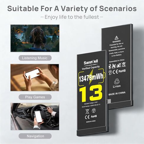 SannXell Upgraded High Capacity Battery for iPhone 13 Replacement, 13478mWh 0 Cycle A2482 A2631 A2633 A2634 A2635 Model, Ultra Long Lasting Li-ion Battery with Full Repair Tool Kit in Kuwait