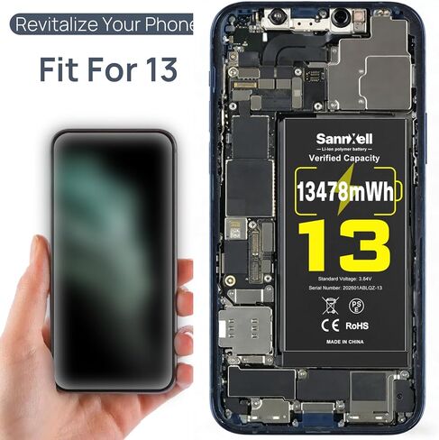SannXell Upgraded High Capacity Battery for iPhone 13 Replacement, 13478mWh 0 Cycle A2482 A2631 A2633 A2634 A2635 Model, Ultra Long Lasting Li-ion Battery with Full Repair Tool Kit in Kuwait