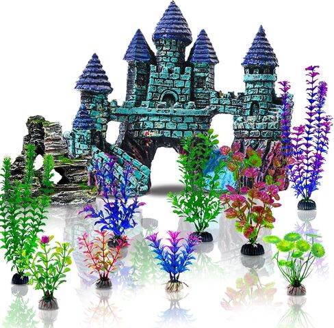 Mechpia Fish Tank Decorations Set, Aquarium Coral Decorations Fish Cave Hideout Artificial Plastic Plants Betta Ornament Accessories in Saudi Arabia