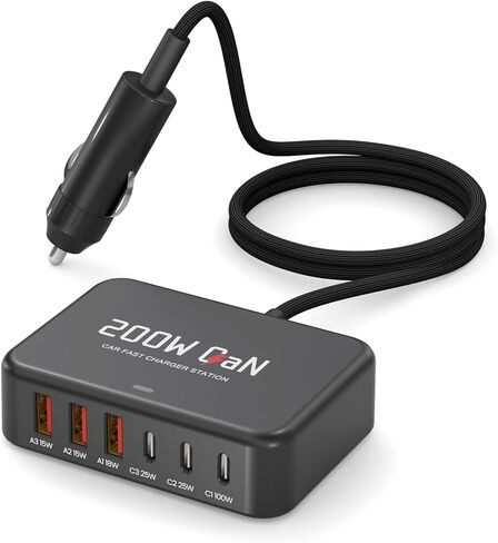 ROAYEWEY 200W USB C Car Charger，Max PD 100W USB C Car Charger for MacBook/Air,Dell Latitude/Lenovo Thinkpad, PD3.0/PPS Cigarette Lighter Adapter for iPhone 17/16/15 Series, Samsung S25/S24/S23 Series in Kuwait