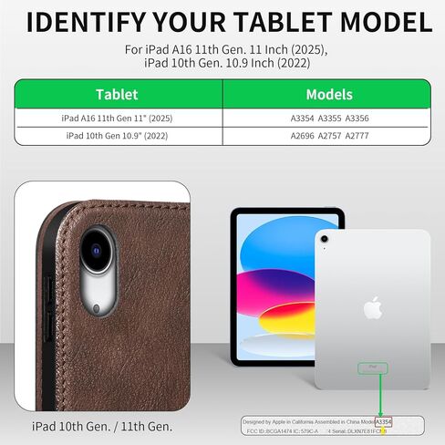 حافظة جلدية أصلية لجهاز Ipad (A16) الجيل الحادي عشر مقاس 11 بوصة 2025 وجهاز iPad الجيل العاشر مقاس 10.9 بوصة 2022 غطاء حماية مع خاصية النوم/الاستيقاظ التلقائي. بني داكن in Kuwait