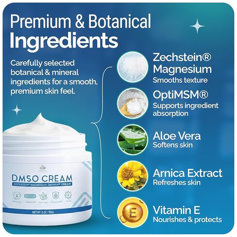 DMSO Cream 99.9% Pure Pharmaceutical Grade | Muscle, Joint & Skin Relief | Fast-Absorbing with Zechstein® Magnesium, OptiMSM®, Arnica, Aloe Vera, Vitamin E | Non-Greasy 3 oz in Saudi Arabia