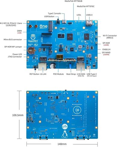 Banana Pi OpenWrt One - جهاز توجيه لاسلكي ثنائي النطاق WiFi 6 - جهاز توجيه AP-24.XY مع MediaTek MT7981B SoC 1 جيجابايت DDR4 RAM، 1x 2.5 جيجا بايت WAN، 1x منفذ Gigabit LAN RJ45، يدعم PoE AP PWM in Kuwait