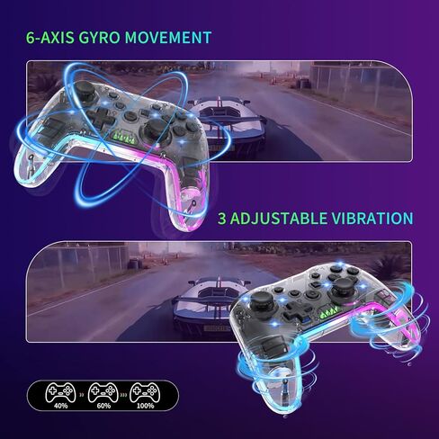 وحدة تحكم ألعاب RGB لاسلكية شفافة لجهاز نينتندو سويتش، لوحة ألعاب خالية من التأخر 3 مستويات توربو، 3 سرعات اهتزاز مزدوج، حركة جيروسكوبية 6 محاور، هزاز 360 درجة، استيقظ، 600 مللي أمبير، 7 إضاءة ذاتية الصنع (شفاف) in Kuwait