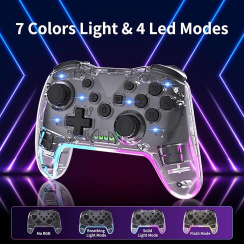وحدة تحكم ألعاب RGB لاسلكية شفافة لجهاز نينتندو سويتش، لوحة ألعاب خالية من التأخر 3 مستويات توربو، 3 سرعات اهتزاز مزدوج، حركة جيروسكوبية 6 محاور، هزاز 360 درجة، استيقظ، 600 مللي أمبير، 7 إضاءة ذاتية الصنع (شفاف) in Kuwait