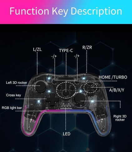 وحدة تحكم ألعاب RGB لاسلكية شفافة لجهاز نينتندو سويتش، لوحة ألعاب خالية من التأخر 3 مستويات توربو، 3 سرعات اهتزاز مزدوج، حركة جيروسكوبية 6 محاور، هزاز 360 درجة، استيقظ، 600 مللي أمبير، 7 إضاءة ذاتية الصنع (شفاف) in Kuwait