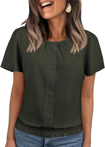 Womens Summer Tops Scoop Neck Ruffle Sleeve Shirts Cute Pleated Front Blouses Dressy Casual 2026 in Saudi Arabia