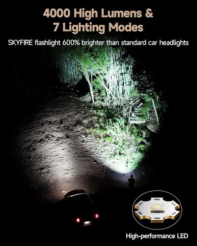 مصباح يدوي SKYFIRE 4000 لومن قابل لإعادة الشحن، مصباح يدوي LED تكتيكي مع عدسة إشعال، شحن سريع USB-C، 6 أوضاع قابلة للتكبير وإضاءة جانبية COB، IPX6 مقاوم للماء للتخييم وانقطاع الطاقة في حالات الطوارئ in Kuwait