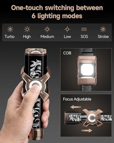 مصباح يدوي SKYFIRE 4000 لومن قابل لإعادة الشحن، مصباح يدوي LED تكتيكي مع عدسة إشعال، شحن سريع USB-C، 6 أوضاع قابلة للتكبير وإضاءة جانبية COB، IPX6 مقاوم للماء للتخييم وانقطاع الطاقة في حالات الطوارئ in Kuwait