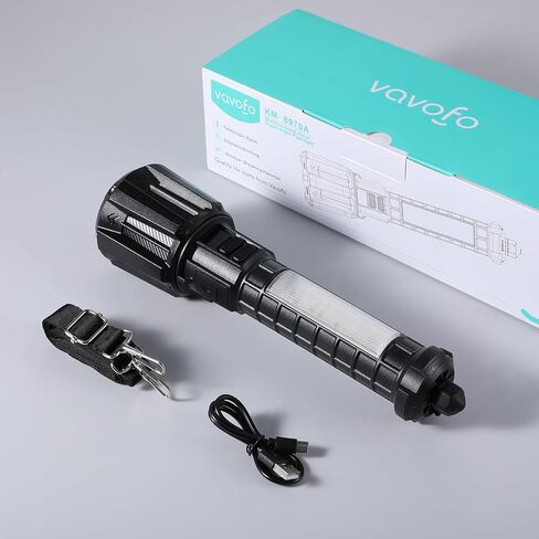 VAVOFO 20W مصباح يدوي LED تكتيكي، 10000LM مصباح يدوي قابل لإعادة الشحن مع بطارية 6000 مللي أمبير في الساعة، نوع C، قاطع النوافذ، ستروب أحمر أزرق، ضوء جانبي، قابل للتكبير للتخييم والمشي لمسافات طويلة والطوارئ in Kuwait