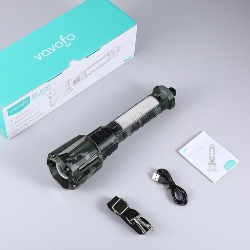 VAVOFO 20W Tactical LED Flashlight, 10000LM High Lumens Rechargeable Flashlight with 6000mAh Battery, Type-C, Window Breaker, Red Blue Strobe, Side Light, Zoomable for Camping, Hiking, Emergency in Kuwait