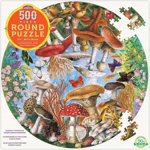 eeBoo: Piece and Love Mushrooms and Butterflies 500 Piece Round Circle Jigsaw Puzzle, Jigsaw Puzzle for Adults and Families, Includes Glossy and Sturdy Pieces in Saudi Arabia