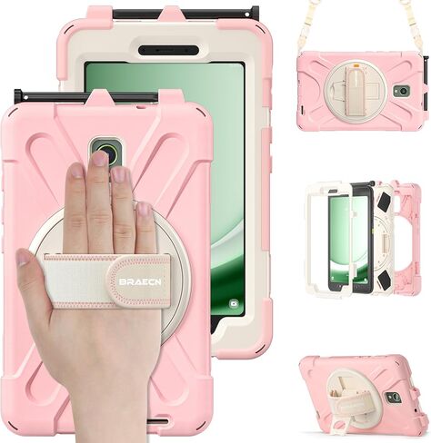 BRAECN for Samsung Galaxy Tab Active 3 Case SM-X300/T575, Heavy Duty Rugged Shockproof Drop Case with 360 Stand, Hand Strap & Shoulder Strap for Galaxy Tab Active 3 8.0 - Sakura Pink in Saudi Arabia