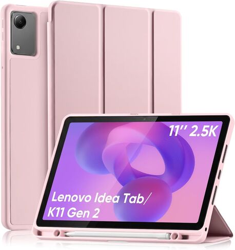 حافظة لجهاز Lenovo Idea Tab 11" 2025 / Tab K11 Gen 2 (TB-336ZU/TB-336FU) مع حامل أقلام، غطاء خلفي نحيف ثلاثي الطي من مادة TPU مقاوم للصدمات، نوم/استيقاظ تلقائي، وردي in Kuwait