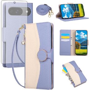 حافظة هاتف لهاتف Google Pixel 9/9 Pro/10/10 Pro 5G مع واقي شاشة وحزام حبل طويل وحامل وسحاب ومحفظة وحامل بطاقات Pixel9 9Pro/Pixel10 10Pro Nine Ten أرجواني in Kuwait