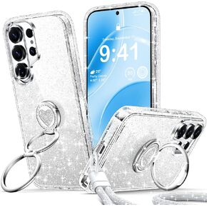 حافظة XYZ لهاتف Samsung Galaxy S26 لامعة، غطاء لامع لطيف مع حامل قلب مكون من حلقتين وحزام معصم، حافظات هاتف واقية نحيفة مضادة للصدمات للنساء والفتيات لهاتف S26، شفاف لامع in Kuwait