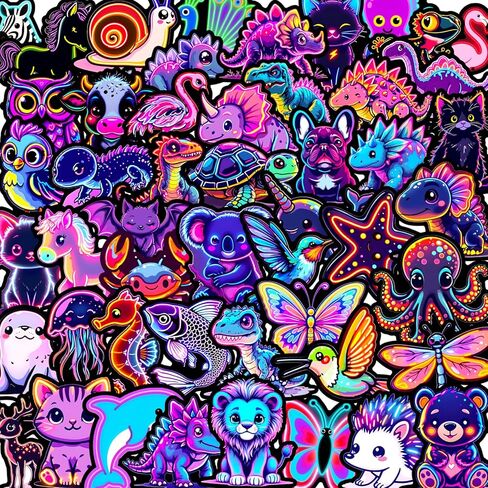 50 PCS Neon Animal Stickers Pack, Cute Cartoon Animal Stickers Waterproof Vinyl Gifts Decoration Decals for Laptop Water Bottles Phone Luggage Car in Kuwait
