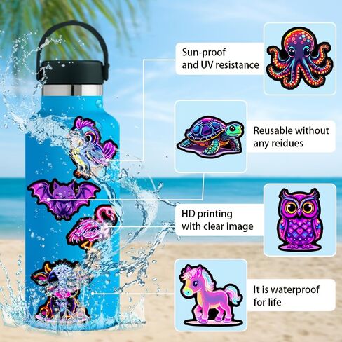 50 PCS Neon Animal Stickers Pack, Cute Cartoon Animal Stickers Waterproof Vinyl Gifts Decoration Decals for Laptop Water Bottles Phone Luggage Car in Kuwait