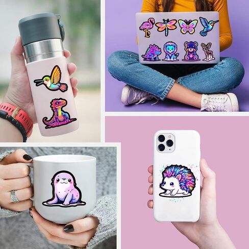 50 PCS Neon Animal Stickers Pack, Cute Cartoon Animal Stickers Waterproof Vinyl Gifts Decoration Decals for Laptop Water Bottles Phone Luggage Car in Kuwait