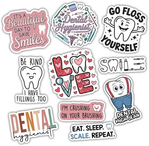 10pcs Dental Hygiene Sticker Sheet, Cute Vinyl Decals for Dental Hygienists, Office Staff, Oral Health Advocates, Waterproof, UV-Resistant, for Laptop, Water Bottle, Journal, Notebook, Clipboard in Kuwait