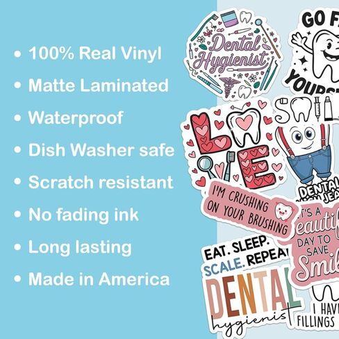 10pcs Dental Hygiene Sticker Sheet, Cute Vinyl Decals for Dental Hygienists, Office Staff, Oral Health Advocates, Waterproof, UV-Resistant, for Laptop, Water Bottle, Journal, Notebook, Clipboard in Kuwait