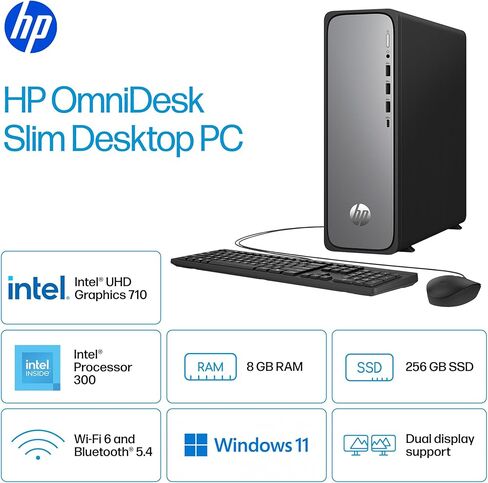 كمبيوتر مكتبي HP OmniDesk Slim، معالج Intel 300، ذاكرة الوصول العشوائي 8 جيجابايت، 256 جيجابايت SSD، Intel UHD Graphics 710، Windows 11 Home، Microsoft Copilot، Meteor Silver، S03-0010 (2025) (متجدد) in Kuwait
