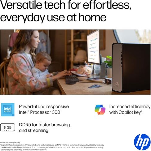 كمبيوتر مكتبي HP OmniDesk Slim، معالج Intel 300، ذاكرة الوصول العشوائي 8 جيجابايت، 256 جيجابايت SSD، Intel UHD Graphics 710، Windows 11 Home، Microsoft Copilot، Meteor Silver، S03-0010 (2025) (متجدد) in Kuwait