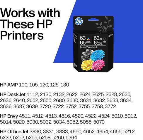 HP الأصلي 63/65XL أسود عالي الإنتاجية + 63/65 ثلاثي الألوان| يعمل على DeskJet 1110، 2100، 2600، 3600، 3700، Envy 4500، 5010، 5050، 5070، OfficeJet 3800، 4600، 5200 Series (B87FDAN) in Kuwait